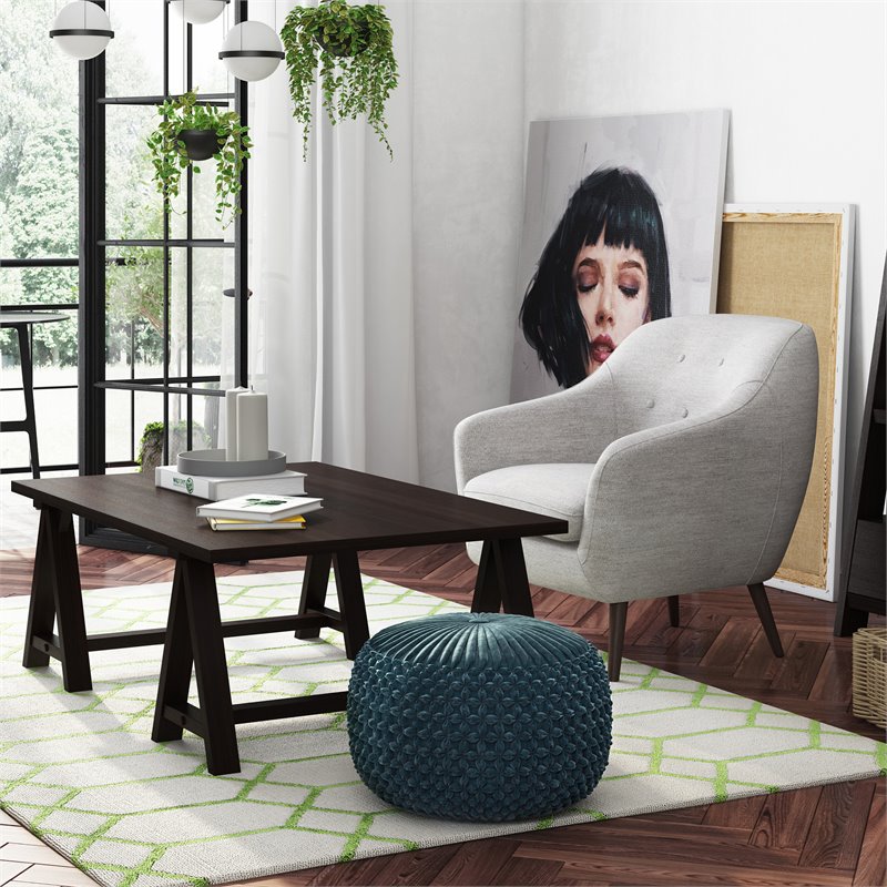 Pemberly Row Contemporary Boho Round Pouf in Teal Velvet Fabric