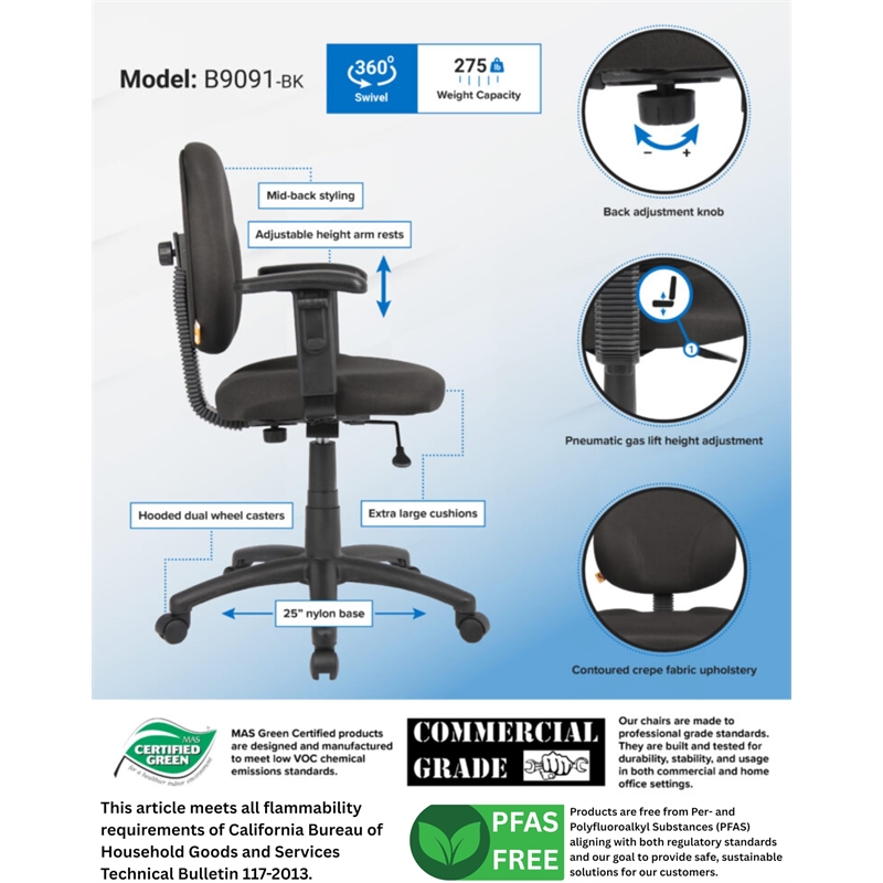 Pemberly Row Fabric Upholstered Wide Seat Office Swivel Chair with Arms in Black