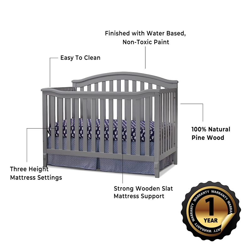 Pemberly Row Modern / Contemporary Wood 4-in-1 Crib in Gray Finish