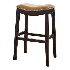 Pemberly Row 30&quot Faux Leather and Wood Barstool in Tan/Espresso