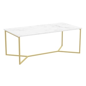 Pemberly Row Contemporary 44&quotL Coffee Table Marble Gold Metal