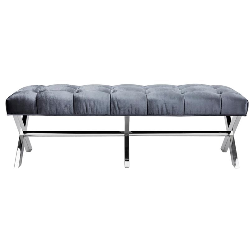 Pemberly Row Tufted Upholstered Bench with Steel X Base in Dark Gray Velvet