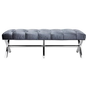 Pemberly Row Tufted Upholstered Bench with Steel X Base in Dark Gray Velvet