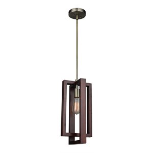 Pemberly Row Modern Double Rectangular Wood Mid Pendant in Brass