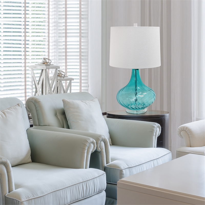 Pemberly Row Modern Glass Table Lamp in White with Blue Shade