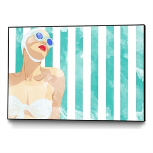 Pemberly Row Canvas 36x24 Bathing Beauty On Teal Towel Framed in Multi-Color