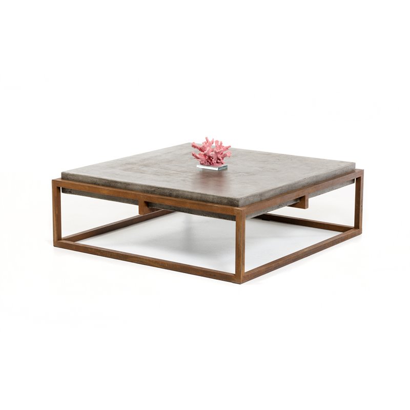 Pemberly Row Square Modern Concrete Stone Coffee Table in Dark Gray/Walnut