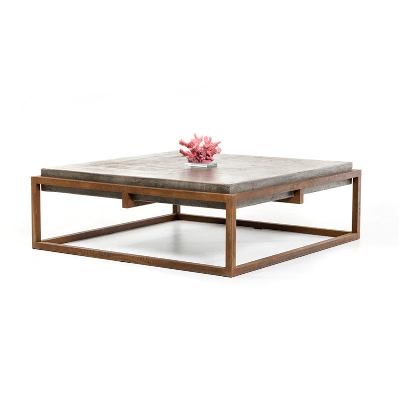 Pemberly Row Square Modern Concrete Stone Coffee Table in Dark Gray/Walnut