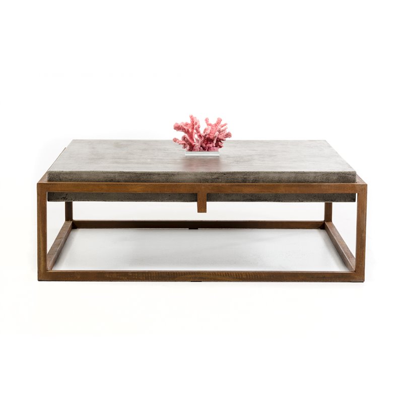 Pemberly Row Square Modern Concrete Stone Coffee Table in Dark Gray/Walnut