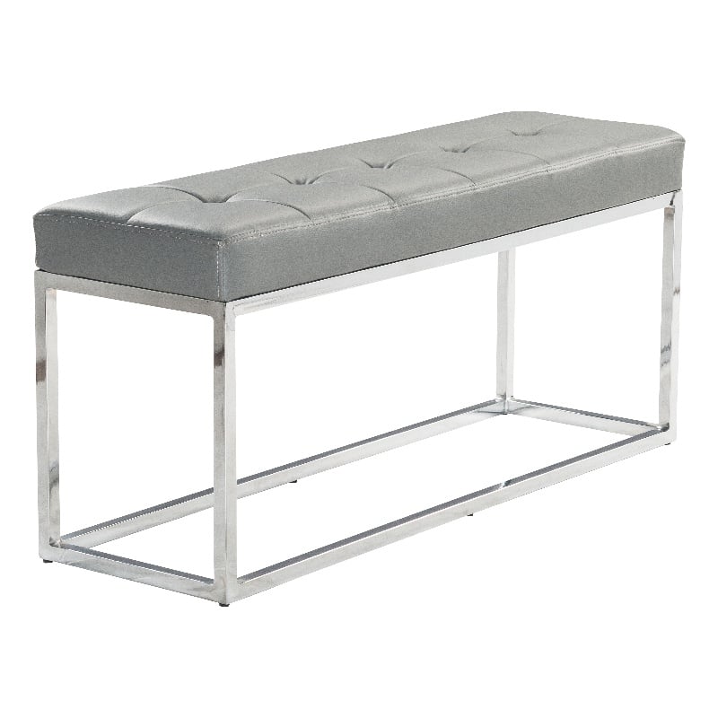 Pemberly Row Contemporary Tufted Metal Bench in Gray Faux Leather