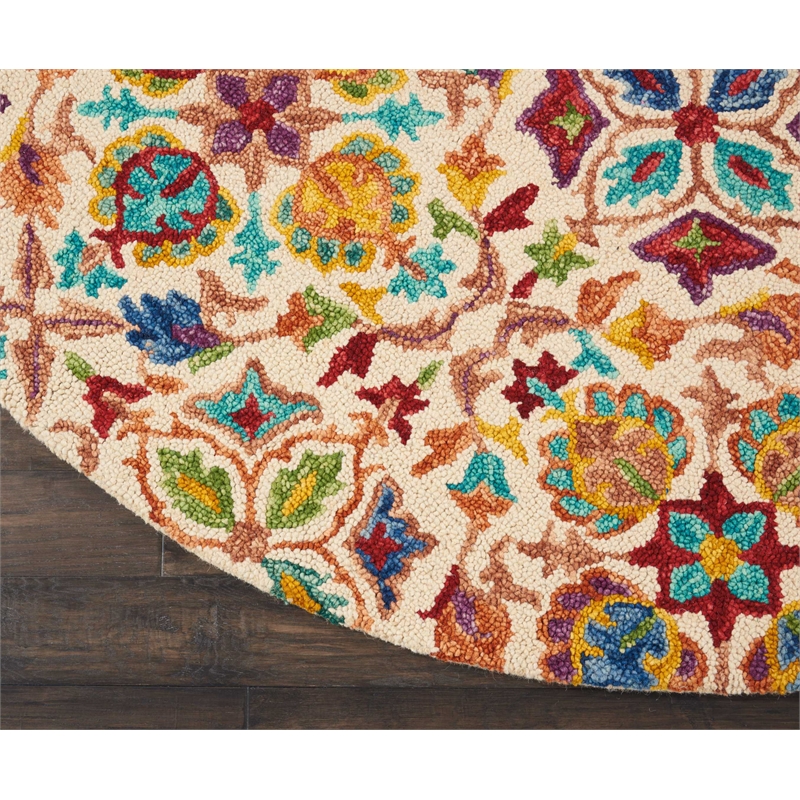 Pemberly Row Contemporary 8' x ROUND Ivory Floral Indoor Rug