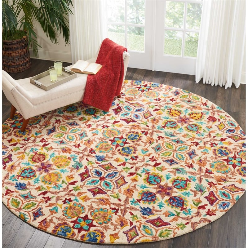 Pemberly Row Contemporary 8' x ROUND Ivory Floral Indoor Rug