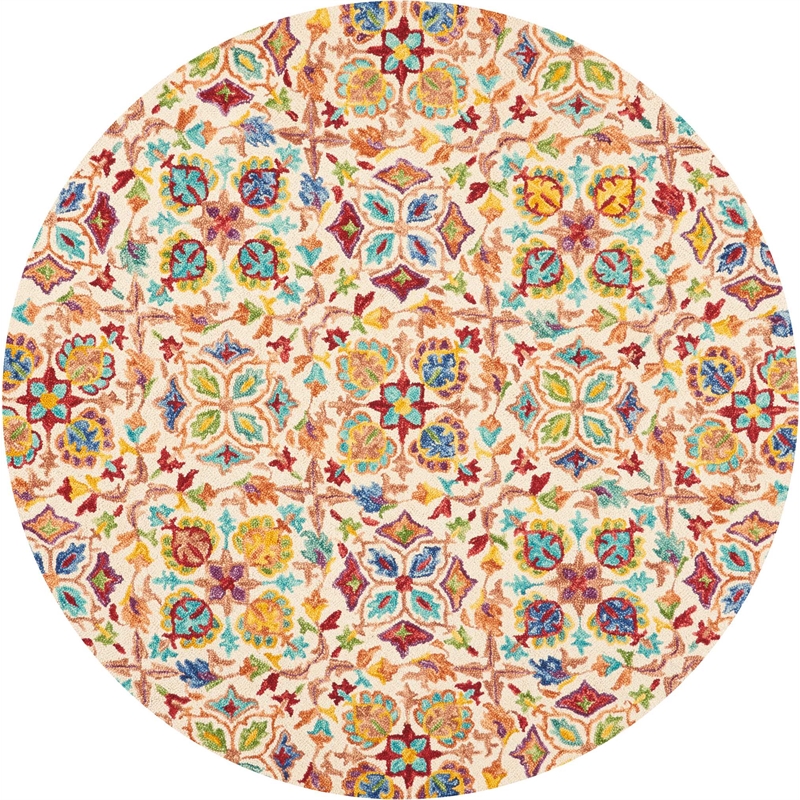 Pemberly Row Contemporary 8' x ROUND Ivory Floral Indoor Rug