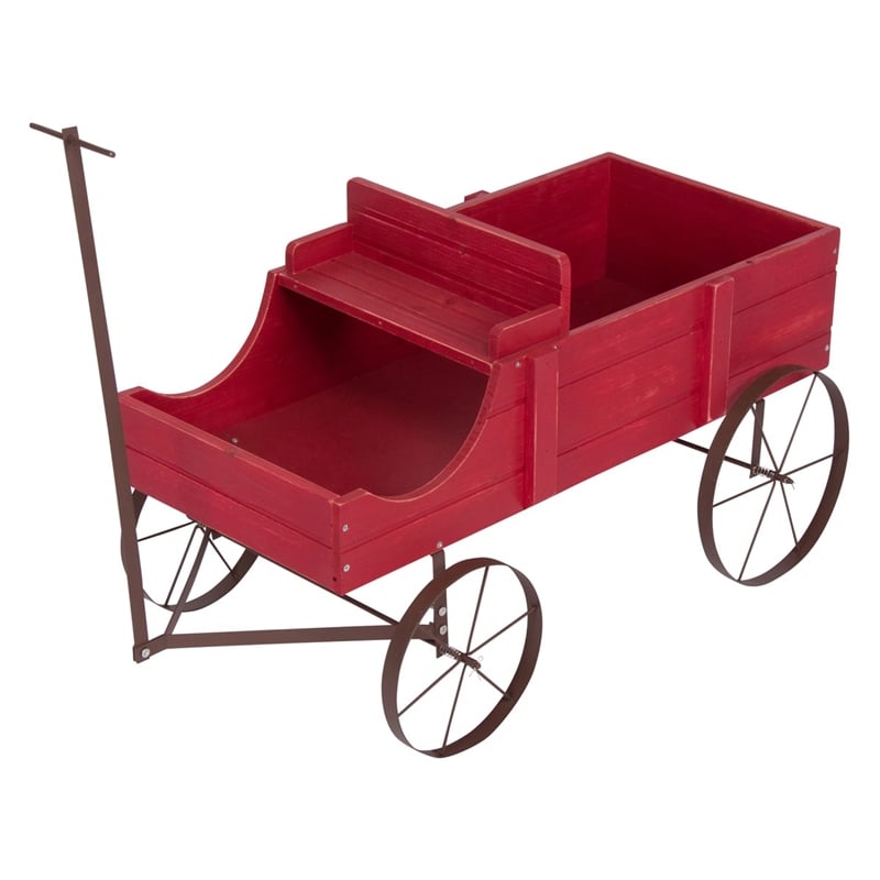 Pemberly Row Large Cedar Wood Decorative Buckboard Wagon Planter in Red