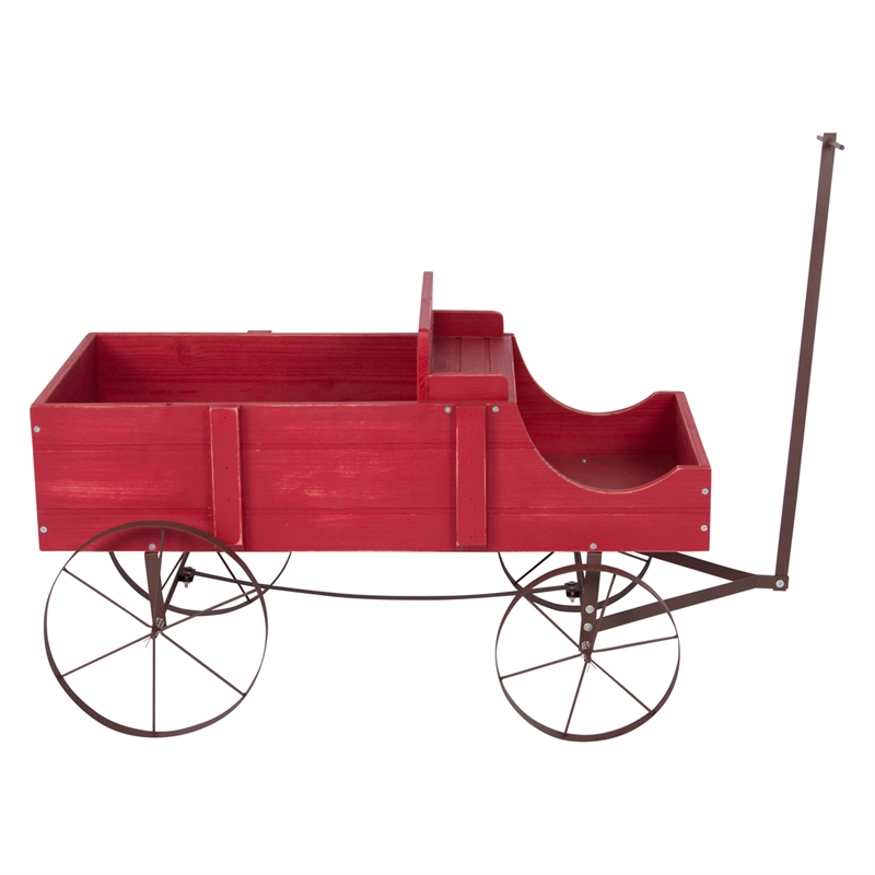 Pemberly Row Large Cedar Wood Decorative Buckboard Wagon Planter in Red
