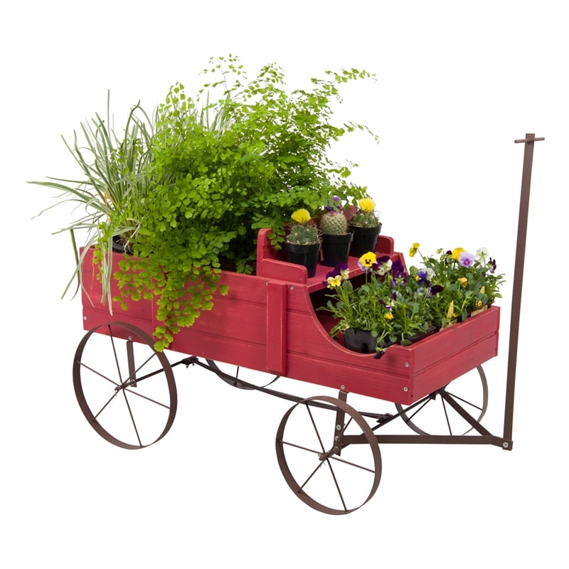 Pemberly Row Large Cedar Wood Decorative Buckboard Wagon Planter in Red
