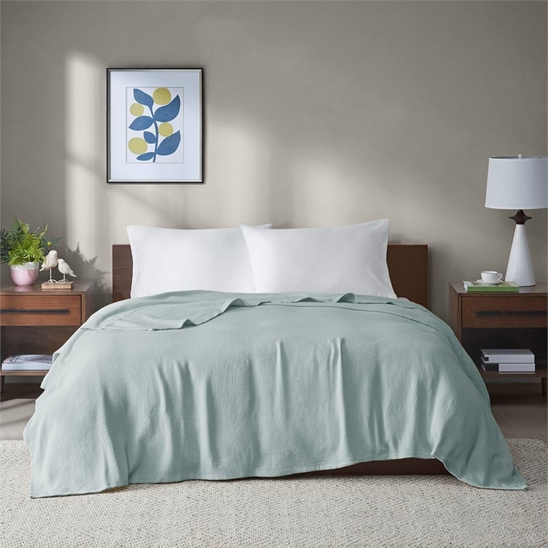 Pemberly Row Modern Basketweave Cotton Blanket in Blue Full/Queen