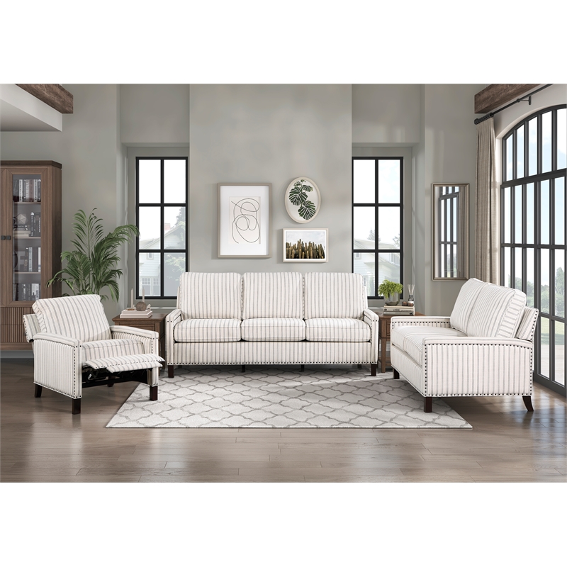 Pemberly Row Fabric Upholstery Reclining Chair in Beige & Gray Striped