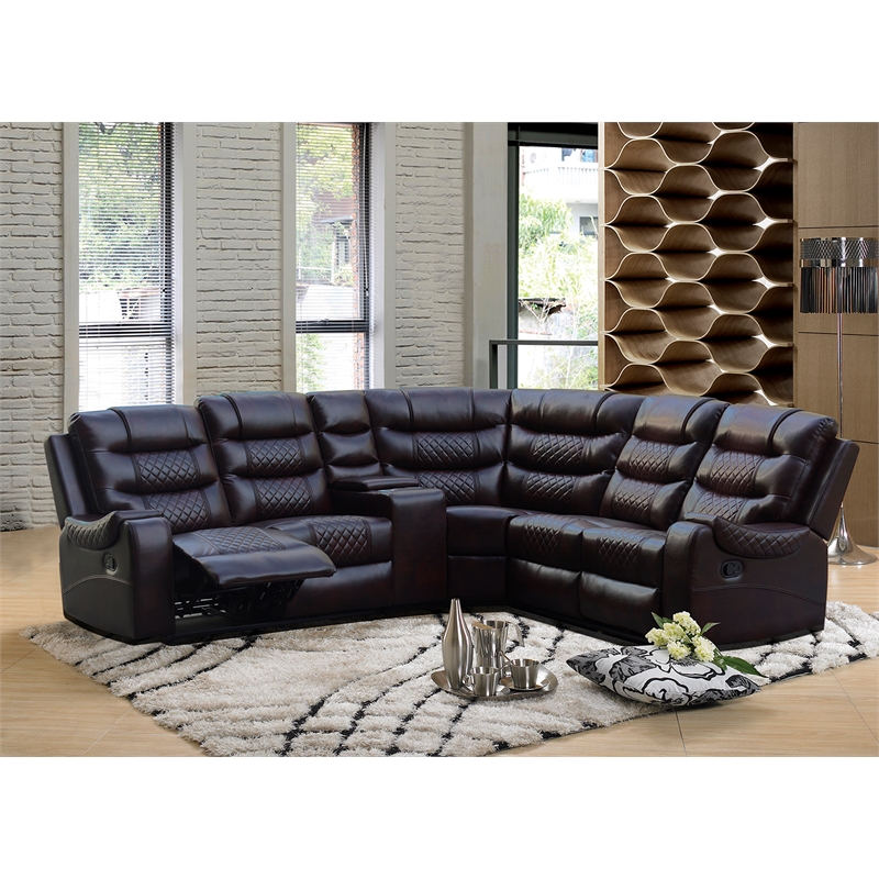 Pemberly Row 5-piece Faux Leather Reclining Sectional with console in Brown