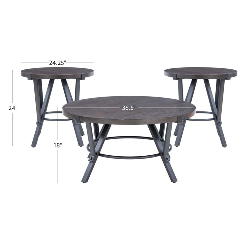 Pemberly Row 3 Pc Round Metal and Wood Occasional Table Set in Charcoal