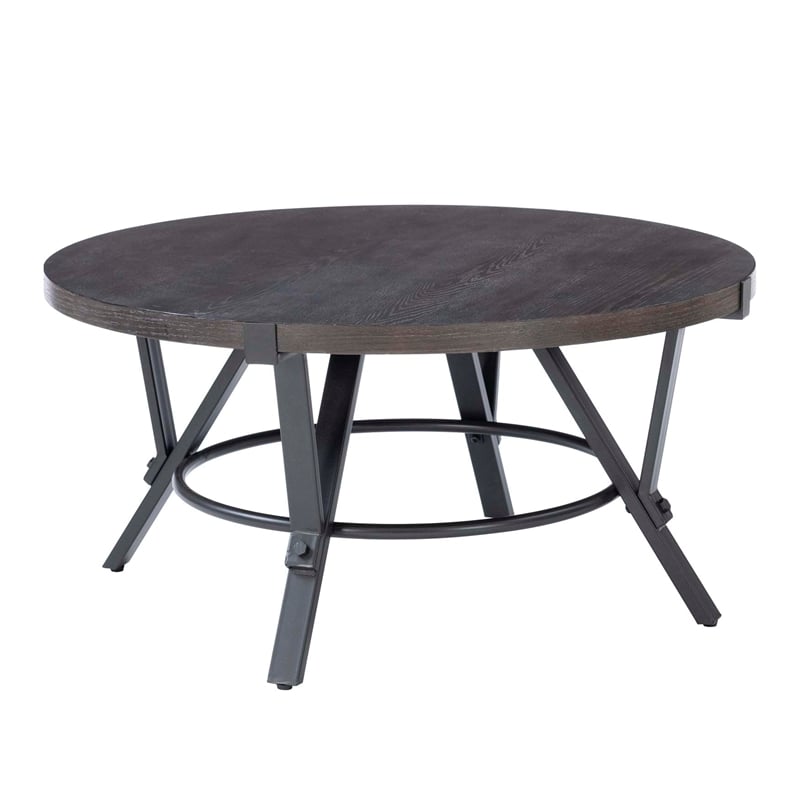 Pemberly Row 3 Pc Round Metal and Wood Occasional Table Set in Charcoal
