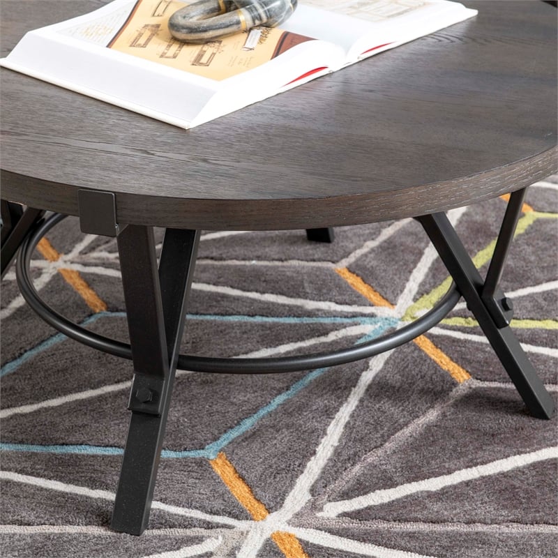 Pemberly Row 3 Pc Round Metal and Wood Occasional Table Set in Charcoal