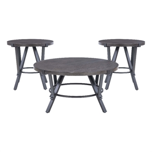 Pemberly Row 3 Pc Round Metal and Wood Occasional Table Set in Charcoal