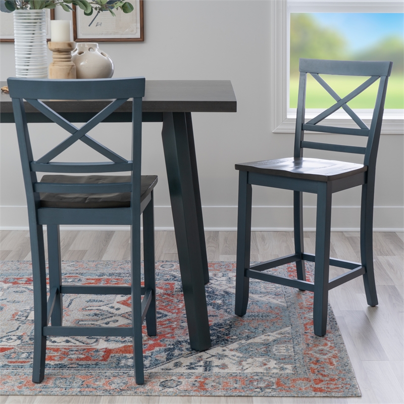Pemberly Row Wood X Back 2 Tone Counter Stool Set of 2 in Slate Blue