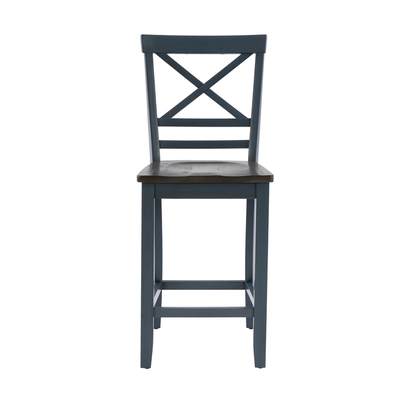 Pemberly Row Wood X Back 2 Tone Counter Stool Set of 2 in Slate Blue