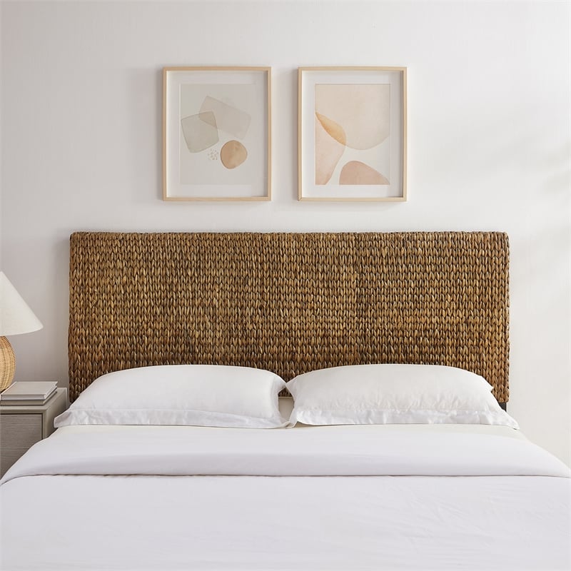 Pemberly Row Contemporary Wood/Rattan King Headboard in Sea Grass