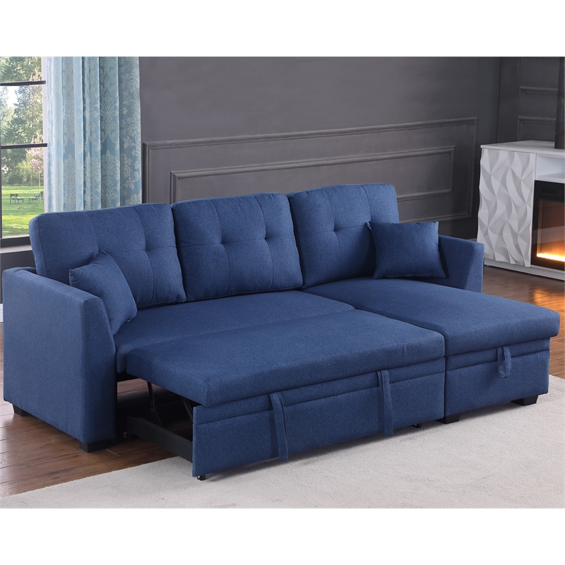 Pemberly Row Pull Out Couch & Storage Chaise Fabric Sleeper Sofa Bed in Blue