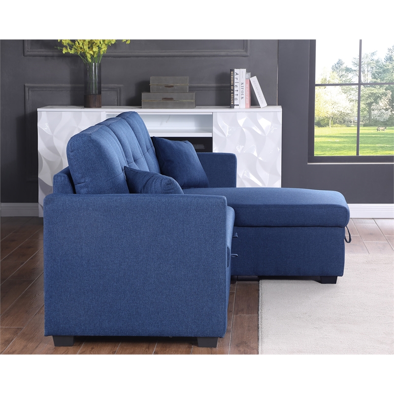 Pemberly Row Pull Out Couch & Storage Chaise Fabric Sleeper Sofa Bed in Blue