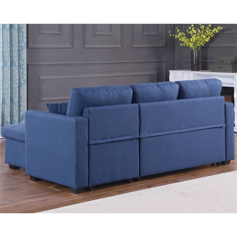 Pemberly Row Pull Out Couch & Storage Chaise Fabric Sleeper Sofa Bed in Blue