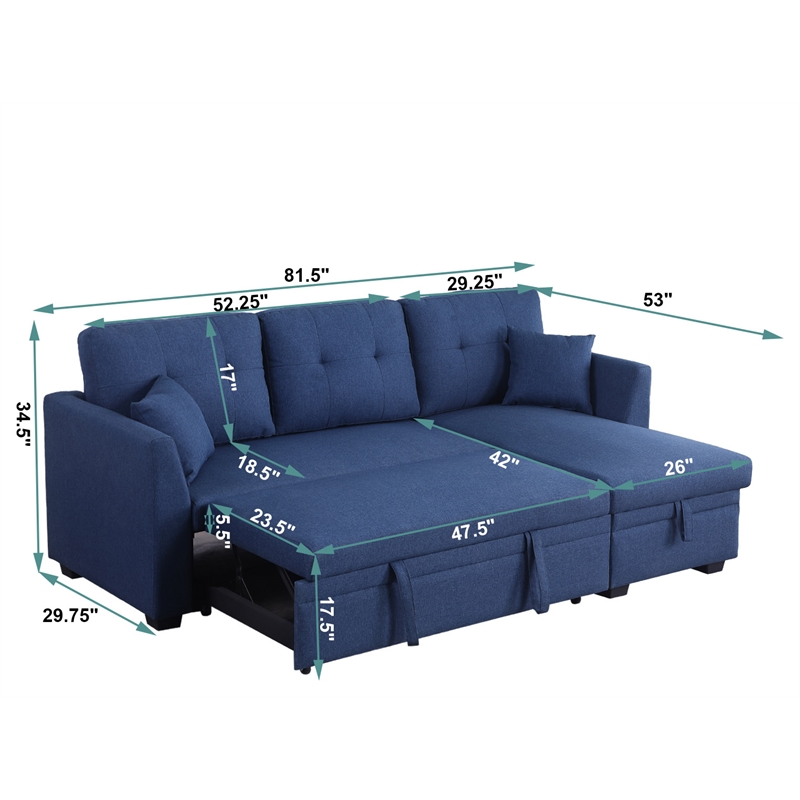 Pemberly Row Pull Out Couch & Storage Chaise Fabric Sleeper Sofa Bed in Blue
