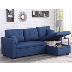 Pemberly Row Pull Out Couch & Storage Chaise Fabric Sleeper Sofa Bed in Blue