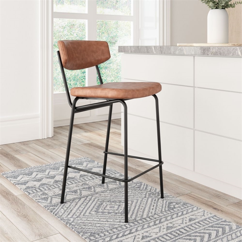 Pemberly Row Plush Faux Leather Upholstered Counter Stool in Brown/Black