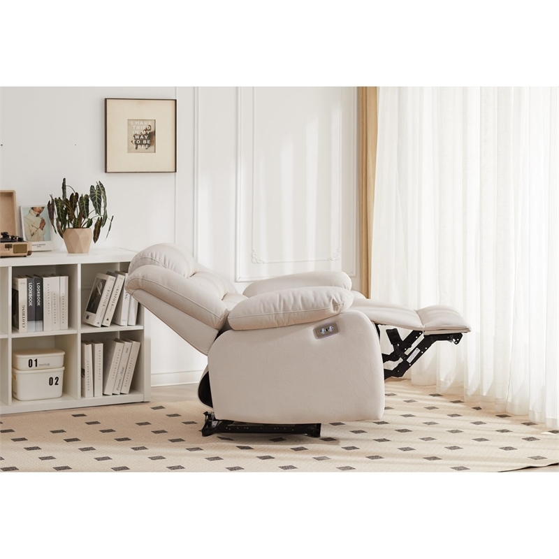Pemberly Row Contemporary Fabric Power Recliner With USB in Beige
