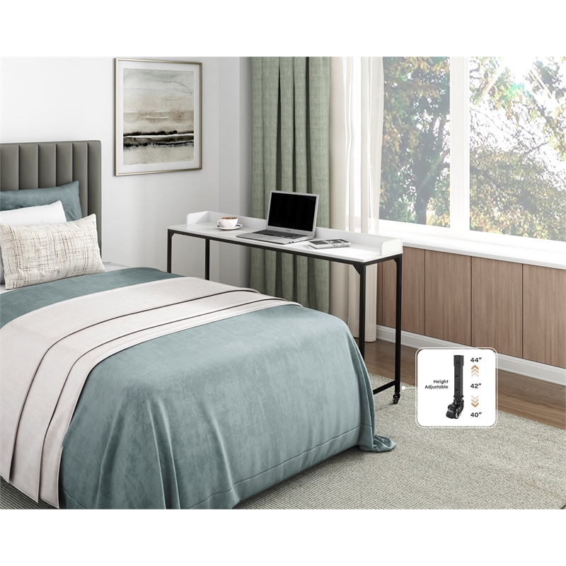 Pemberly Row Adjustable Height Over-The-Bed Desk with Castors in White