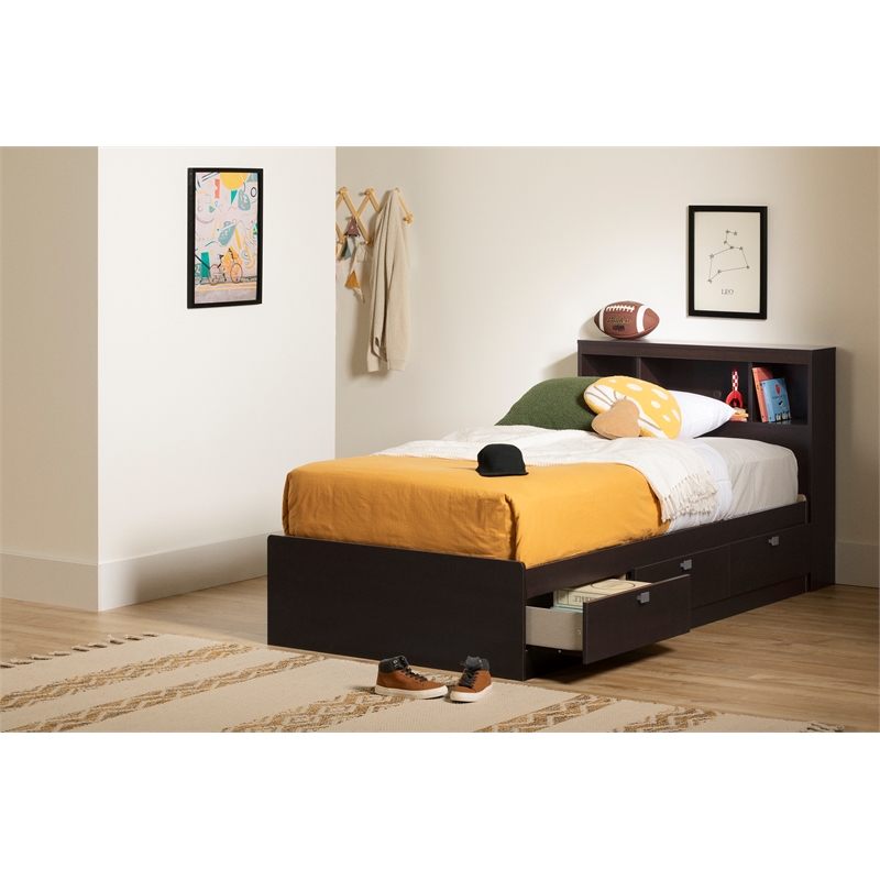 Pemberly Row Twin Storage Wood Bed Frame Only in Chocolate Finish