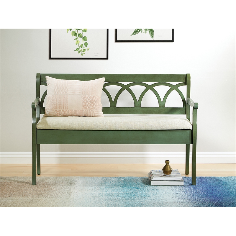 Pemberly Row Storage Bench in Sage Green Frame and Beige Fabric Seat Cushion