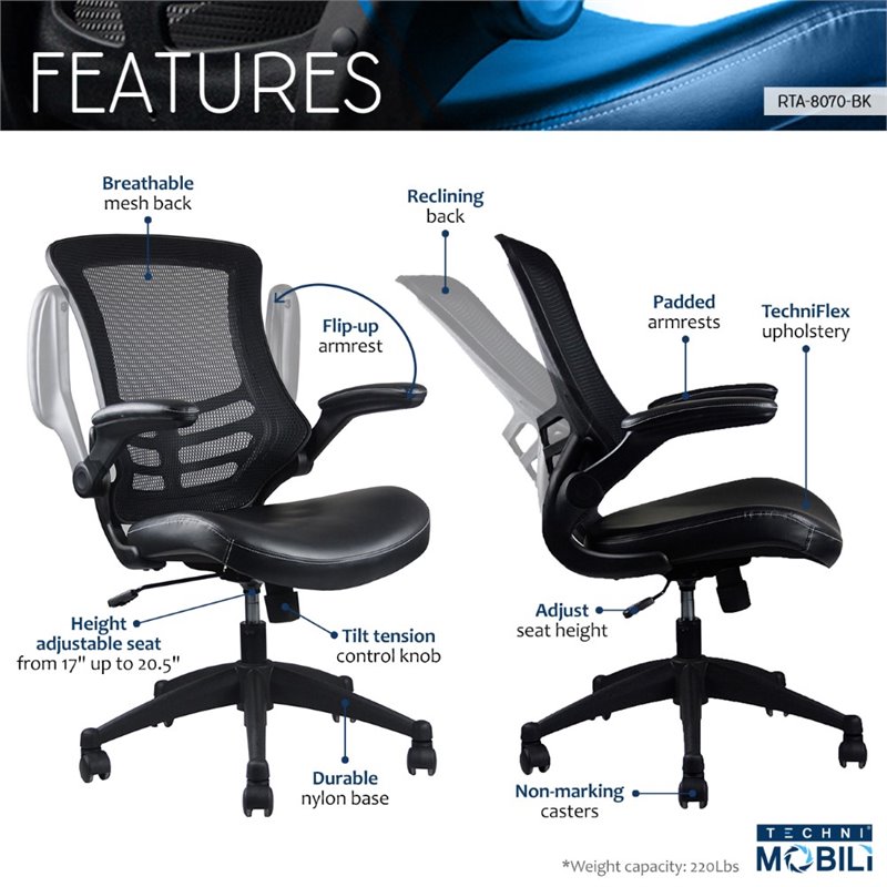 Pemberly Row Modern Mid Back Mesh Adjustable Office Chair in Black