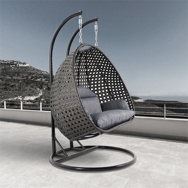 Pemberly Row Outdoor Wicker Hanging Double Egg Swing Chair in Charcoal Blue