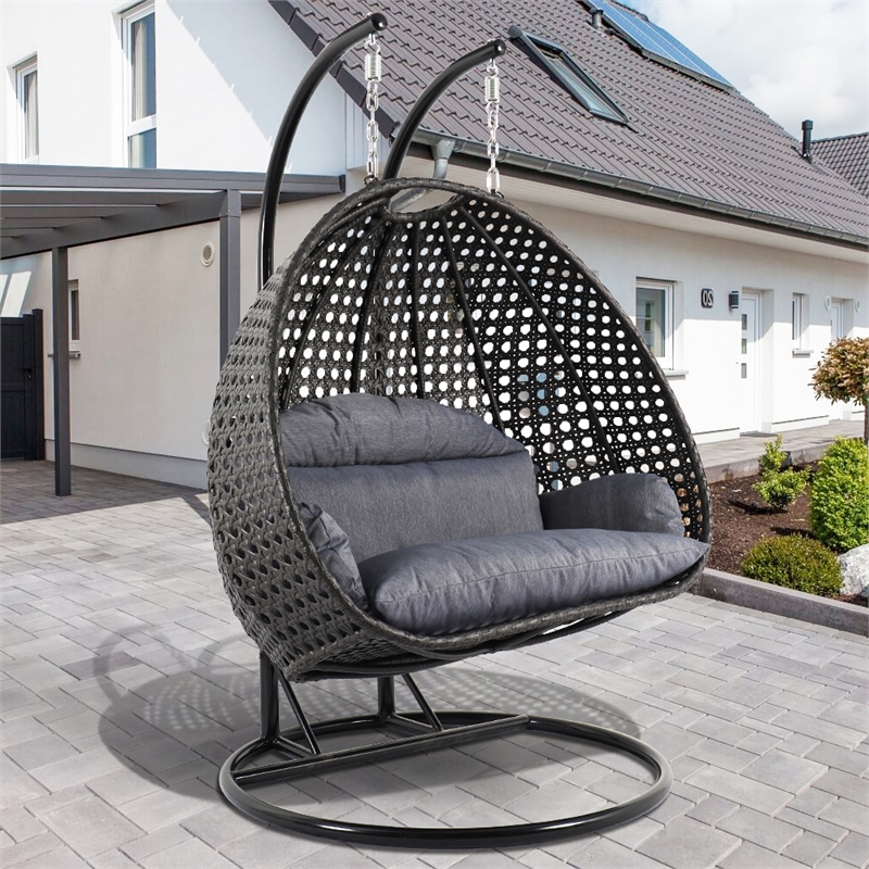 Pemberly Row Outdoor Wicker Hanging Double Egg Swing Chair in Charcoal Blue