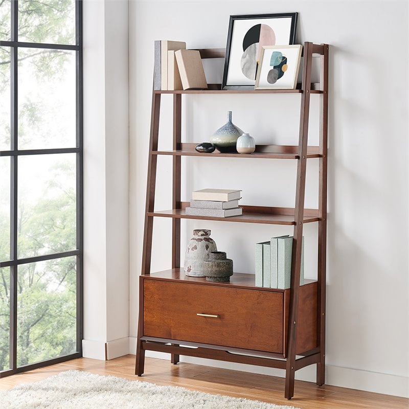 Pemberly Row Modern Wood 4 Shelf Wide Etagere Bookcase in Mahogany