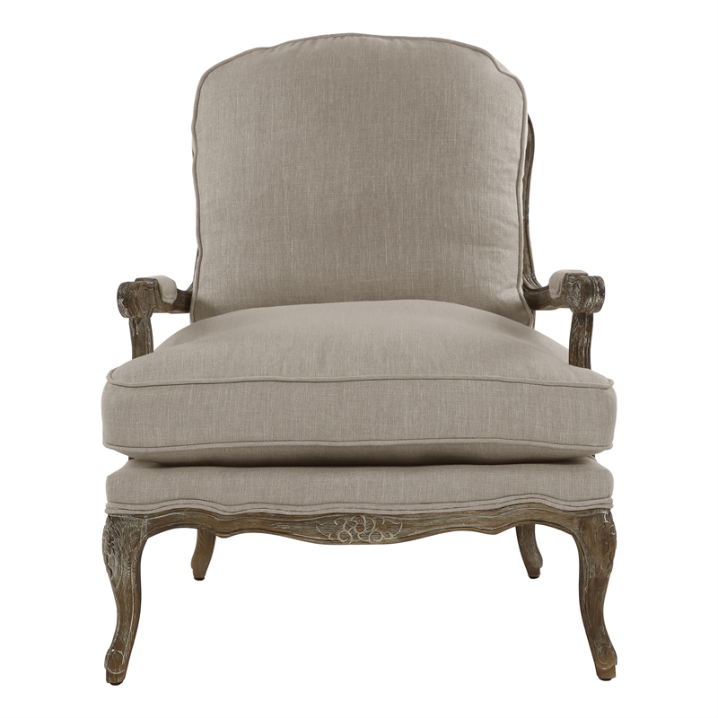 Pemberly Row Traditional Wood Accent Chair in Natural Linen Color