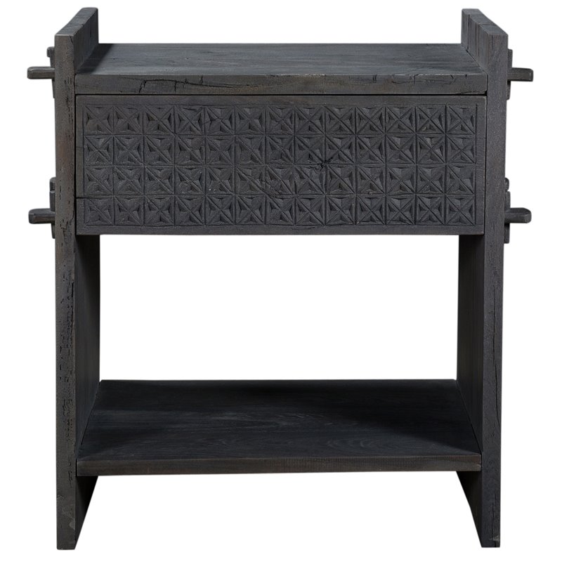 Pemberly Row Solid Wood Hand-Carved 1 Drawer Nightstand in Gray