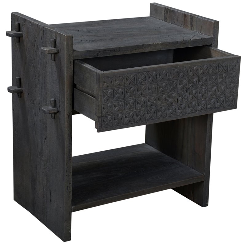 Pemberly Row Solid Wood Hand-Carved 1 Drawer Nightstand in Gray
