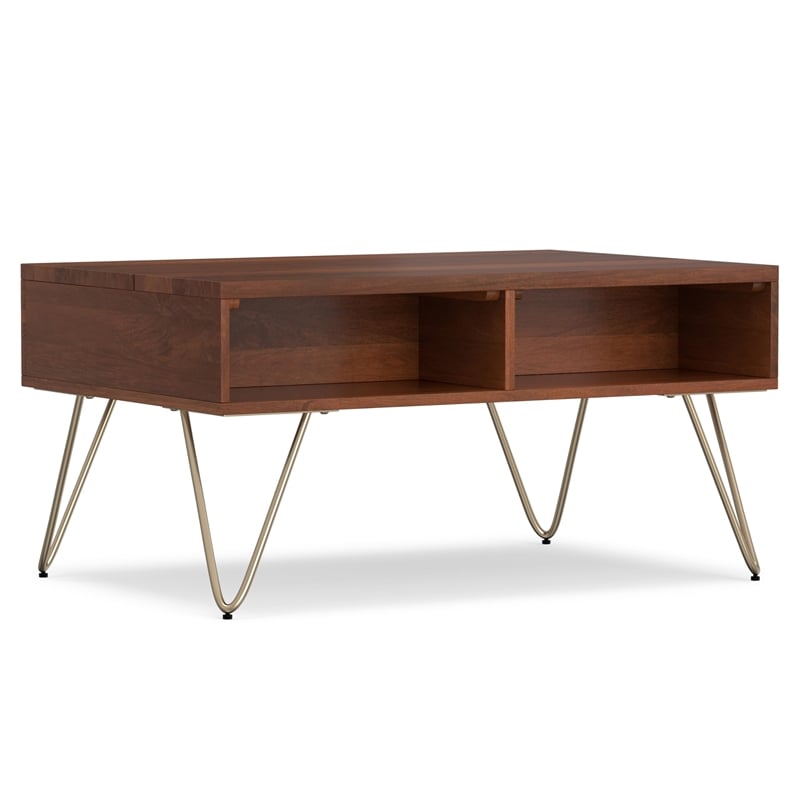 Pemberly Row Solid Wood Lift Top Coffee Table in Umber Brown and Gold