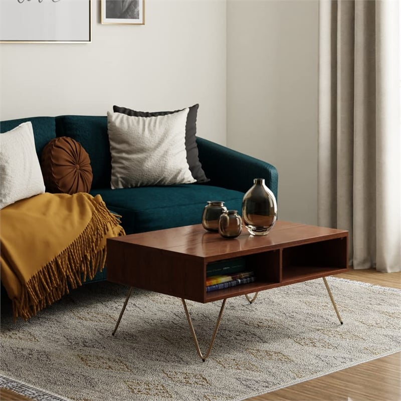 Pemberly Row Solid Wood Lift Top Coffee Table in Umber Brown and Gold