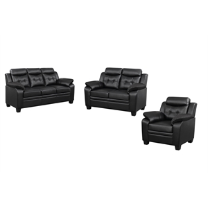 Pemberly Row 3-Piece Tufted Upholstered Faux Leather Sofa Set in Black